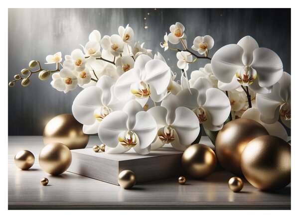 Üveg kép - Orchidea és aranygolyók (70x50 cm)