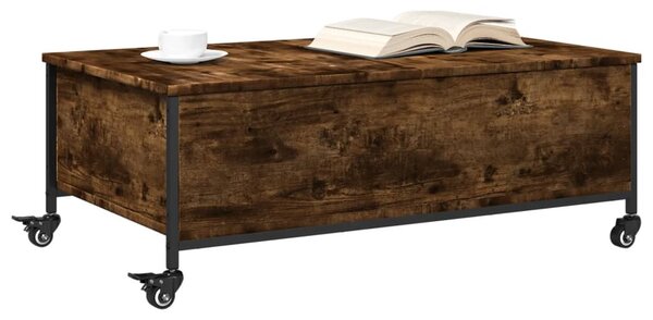 Füstös tölgy szerelt fa dohányzóasztal kerekekkel 91x55x34 cm