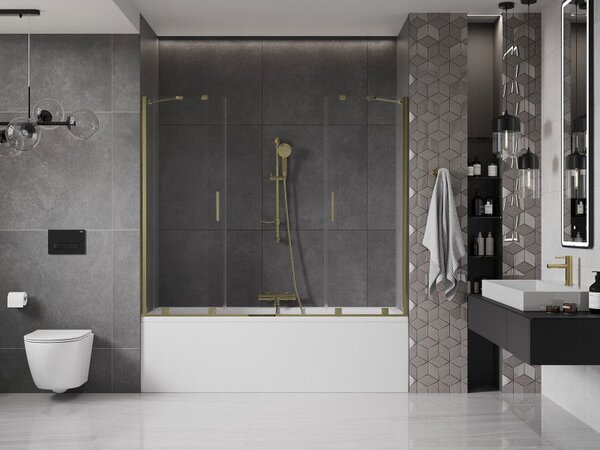Mexen Velar Duo kétszárnyú, toló fürdőszobai paraván 180 x 150 cm, átlátszó, arany - 896-180-000-02-50