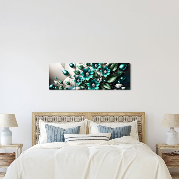 Kép - 3D türkiz virágok (órával) (90x30 cm)