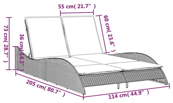 Szürke polyrattan napozóágy párnákkal 114x205x73 cm