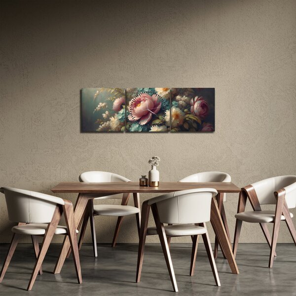 Kép - Természet csendélet virágokkal - festmény (órával) (90x30 cm)