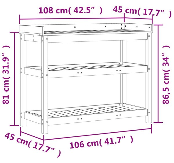 Tömör fenyőfa ültetőasztal polcokkal 108 x 45 x 86,5 cm