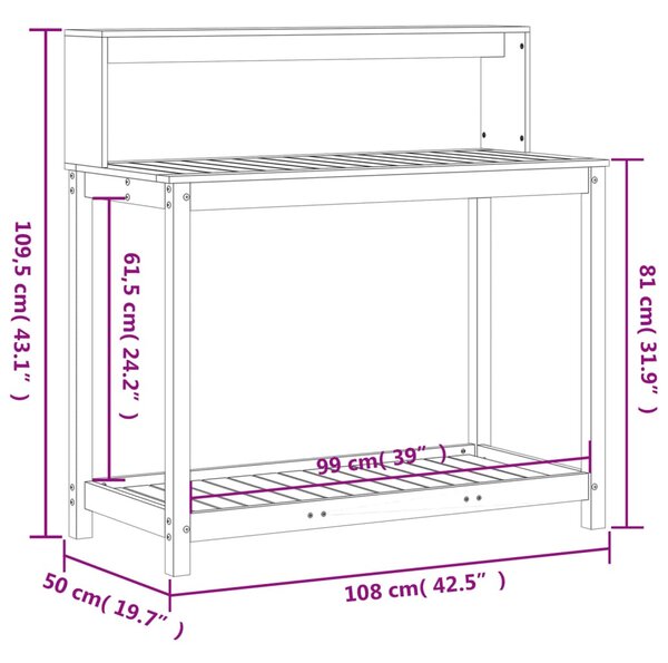 Tömör fenyőfa ültetőasztal polccal 108 x 50 x 109,5 cm