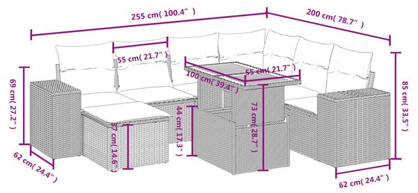 8 részes fekete polyrattan kerti ülőgarnitúra párnákkal