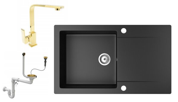 Gránit mosogatótálca NERO Gold + Design Gold csaptelep + dugókiemelő (matt fekete)