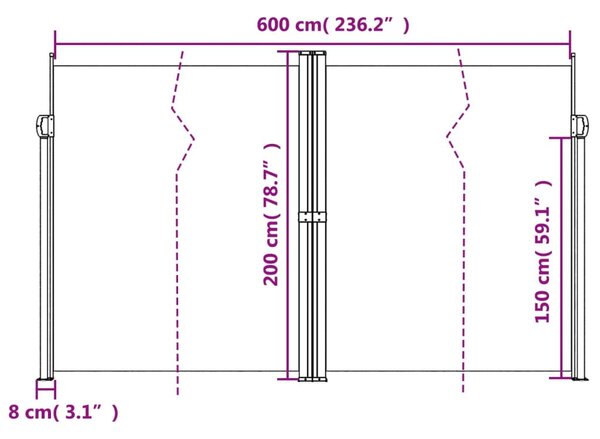 Fehér behúzható oldalsó napellenző 200 x 600 cm