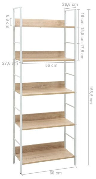 5 szintes tölgyszínű szerelt fa könyvespolc 60x27,6x158,5 cm
