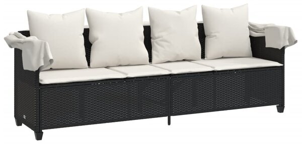 Fekete polyrattan napozóágy tetővel és párnával