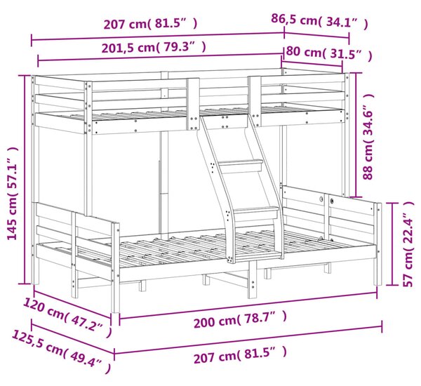 Tömör fenyőfa emeletes ágy 80x200/120x200 cm