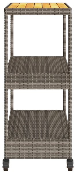 3 szintes szürke polyrattan és tömör akácfa zsúrkocsi