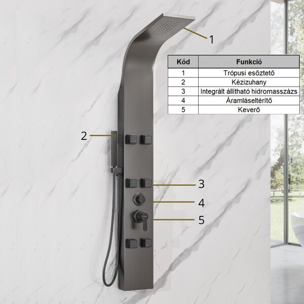 HD Orion Grey 20x165 szürke hidromasszázs zuhanypanel, rozsdamentes acél