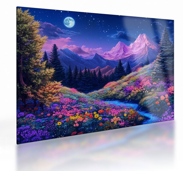 Üveg kép - Lila táj teljes holdfénynél (70x50 cm)