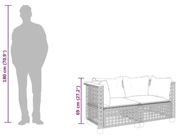 2 db fekete polyrattan kerti sarokkanapé párnákkal