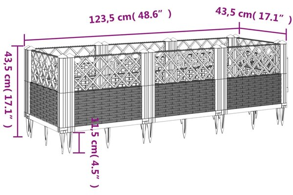 Fekete PP kerti virágláda cövekekkel 123,5 x 43,5 x 43,5 cm