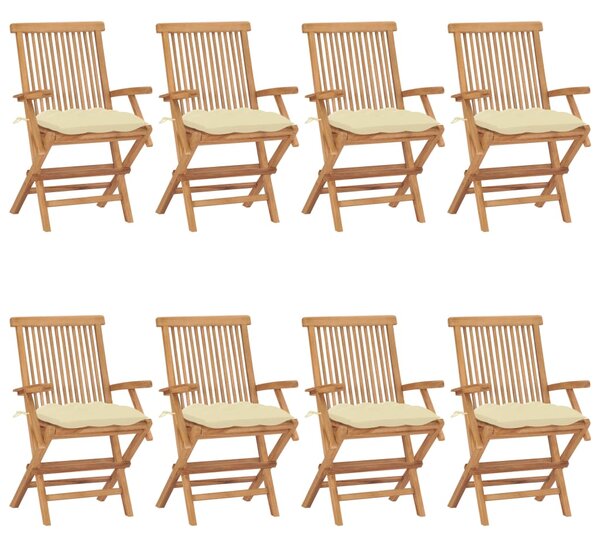 VidaXL 8 db tömör tíkfa kerti szék krémfehér párnával