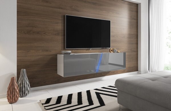 Slant 160 cm-es TV szekrény, szürke/fehér, tetszőleges színű LED hangulatvilágítással