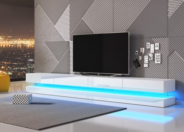 Fly TV szekrény, 280 cm-es fehér/fehér, kék LED hangulatvilágítással