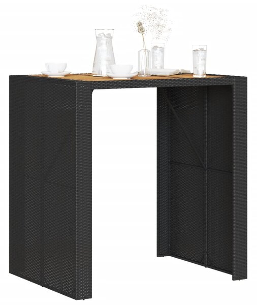 Fekete polyrattan kerti bárasztal akácfa lappal 105x80x110 cm