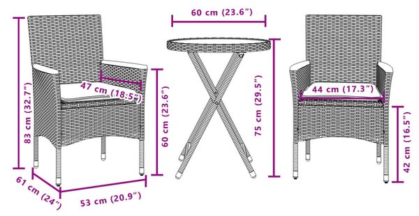 3 részes szürke polyrattan és akácfa bisztrószett párnákkal