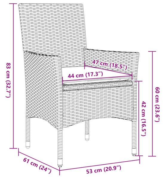 3 részes szürke polyrattan/üveg bisztrógarnitúra párnákkal