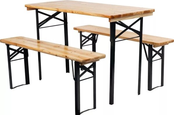 Strend Pro Dortmund Mini3 sörpad szett, 117 x 56 x 76,5 cm, barna, összecsukható fém lábakkal, lakkozott fa felülettel, kültéri használatra