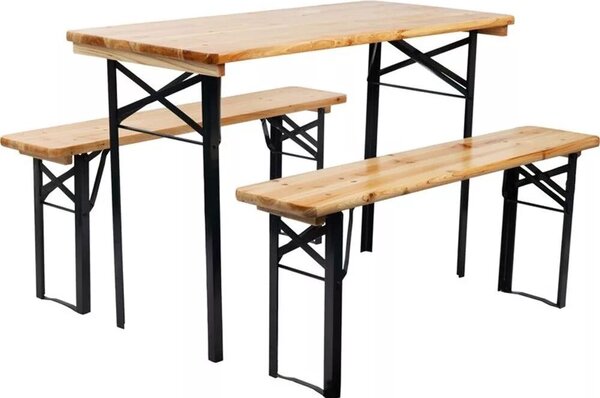 Strend Pro Dortmund Mini3 sörpad szett, 117 x 56 x 76,5 cm, barna, összecsukható fém lábakkal, lakkozott fa felülettel, kültéri használatra