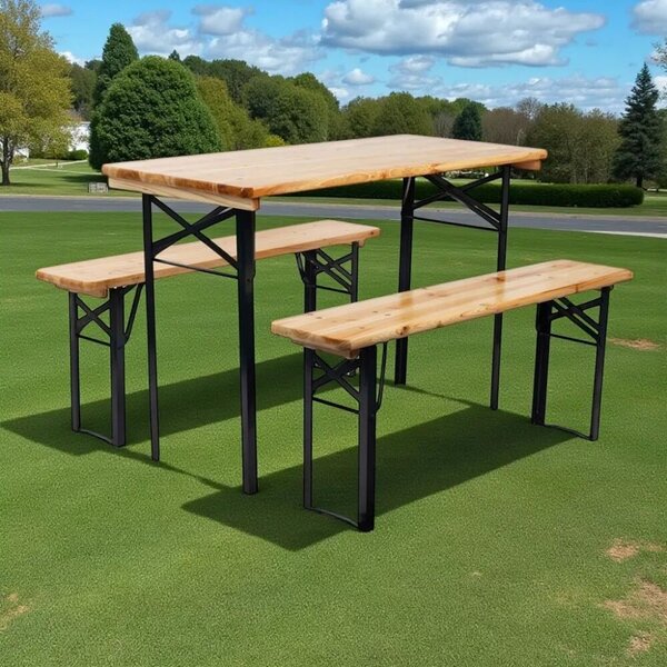 Strend Pro Dortmund Mini3 sörpad szett, 117 x 56 x 76,5 cm, barna, összecsukható fém lábakkal, lakkozott fa felülettel, kültéri használatra