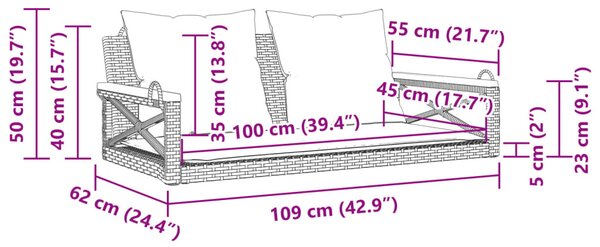 Szürke polyrattan hintapad párnákkal 109 x 62 x 40 cm