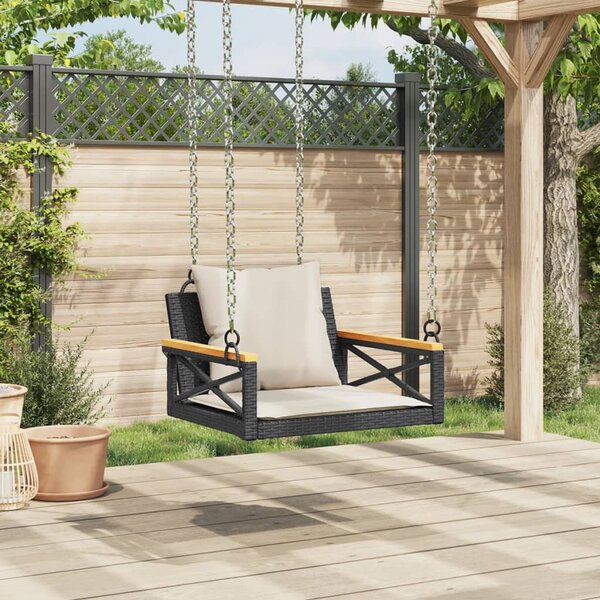 Fekete polyrattan hintapad párnákkal 63 x 62 x 40 cm