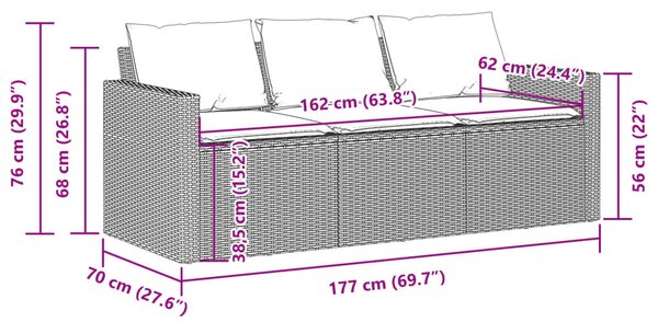3 személyes barna polyrattan kerti kanapé párnával