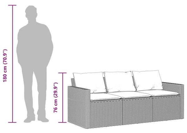 3 személyes barna polyrattan kerti kanapé párnával