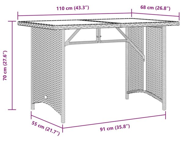 Fekete polyrattan üveglapos kerti asztal 110x68x70 cm