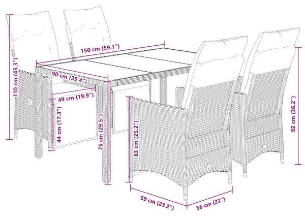 VidaXL Polyrattan Kerti Bútor - 5 részes Bisztró garnitúra - Szürke