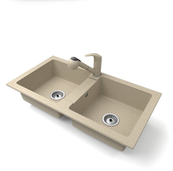 Gránit mosogató NERO Lybra + kihúzható zuhanyfejes Shower csaptelep + szifon (bézs)
