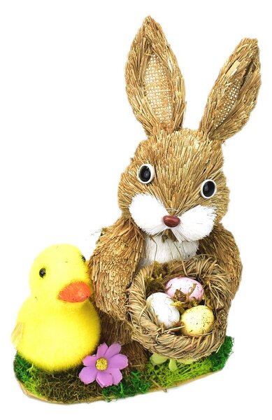 Húsvéti nyuszi sárga csirkével és tojásokkal přírodní, 39 cm