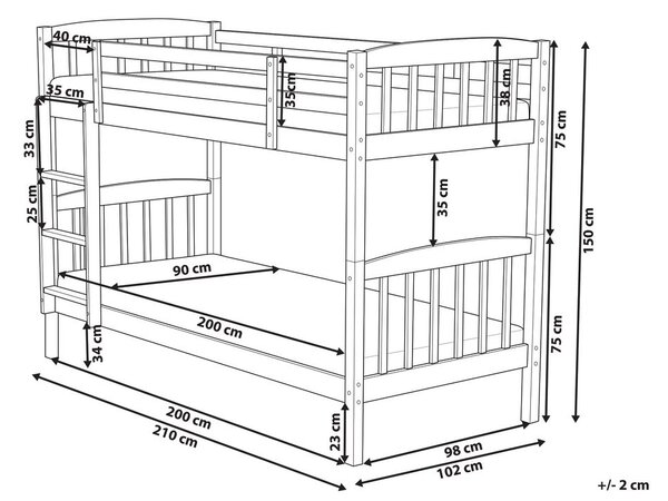 Emeletes ágy Fenyő REVIN 90 x 200 cm Fehér