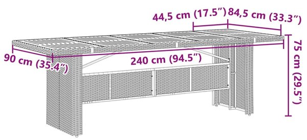 Szürke polyrattan kerti asztal akácfa lappal 240 x 90 x 75 cm