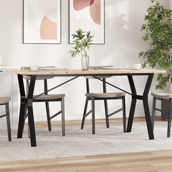 Tömör fenyőfa és acél étkezőasztal Y-vázzal 140x80x75,5 cm