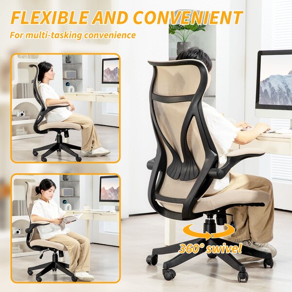 HOMCOM Ergonomikus irodai szék összecsukható karfákkal, fejtámlával, állítható magassággal és ringató funkcióval, 66x66x121 cm, bézs