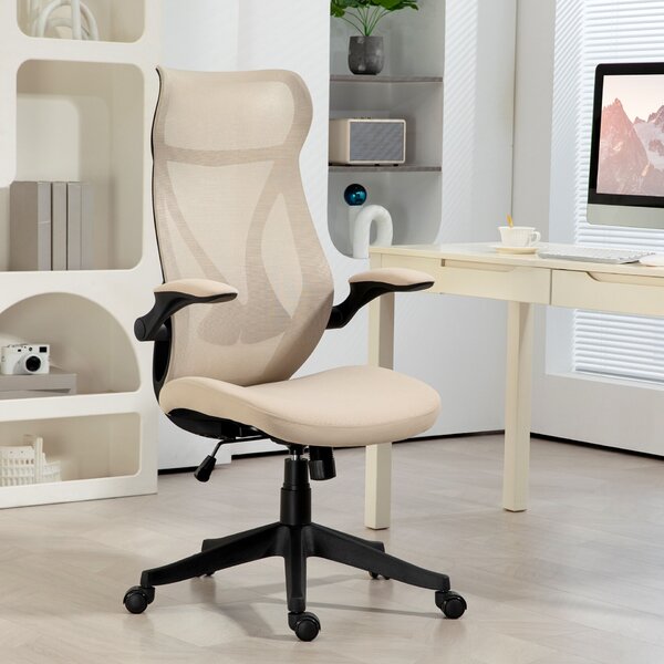 HOMCOM Ergonomikus irodai szék összecsukható karfákkal, fejtámlával, állítható magassággal és ringató funkcióval, 66x66x121 cm, bézs