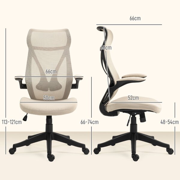 HOMCOM Ergonomikus irodai szék összecsukható karfákkal, fejtámlával, állítható magassággal és ringató funkcióval, 66x66x121 cm, bézs