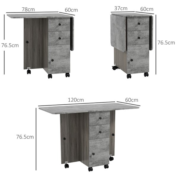 HOMCOM Összecsukható asztal 2 fiókkal és szekrénnyel, 6 kerékkel és fékkel, 120x60x76,5 cm, fa és kőszürke
