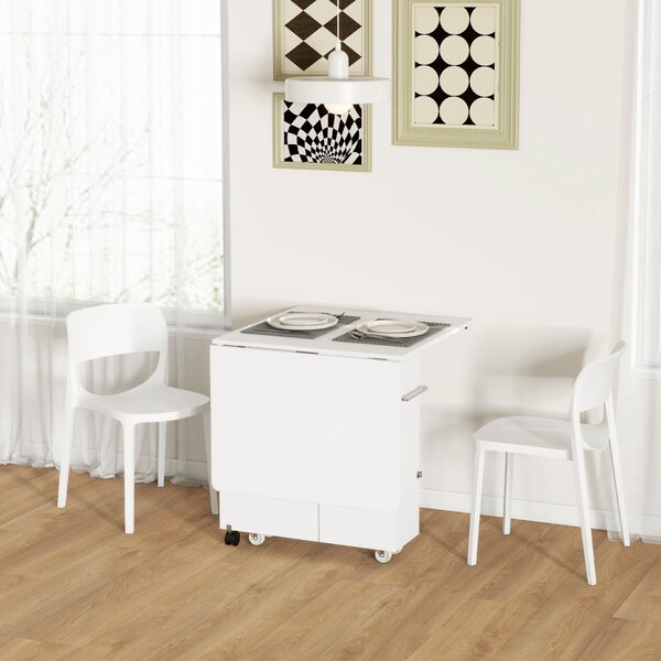 HOMCOM Összecsukható asztal, Görgős asztal, Összecsukható asztal tárolódobozzal, 3-szintes polcok és állvány, 130x80x76,5 cm, Fehér