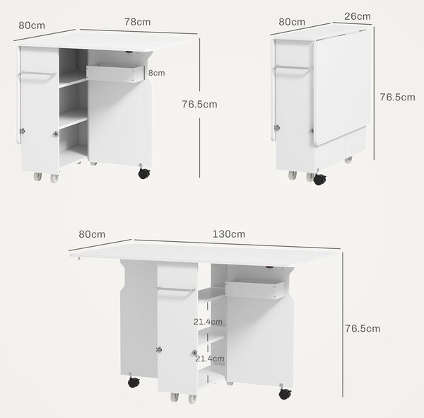 HOMCOM Összecsukható asztal, Görgős asztal, Összecsukható asztal tárolódobozzal, 3-szintes polcok és állvány, 130x80x76,5 cm, Fehér