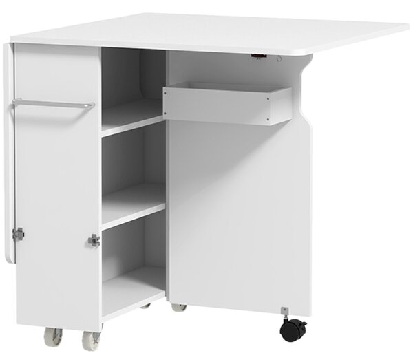 HOMCOM Összecsukható asztal, Görgős asztal, Összecsukható asztal tárolódobozzal, 3-szintes polcok és állvány, 130x80x76,5 cm, Fehér