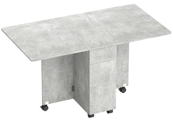 HOMCOM Összecsukható Asztal Lehajtható Lapokkal, Fiókokkal, 6 Kerékkel, Cement Szürke