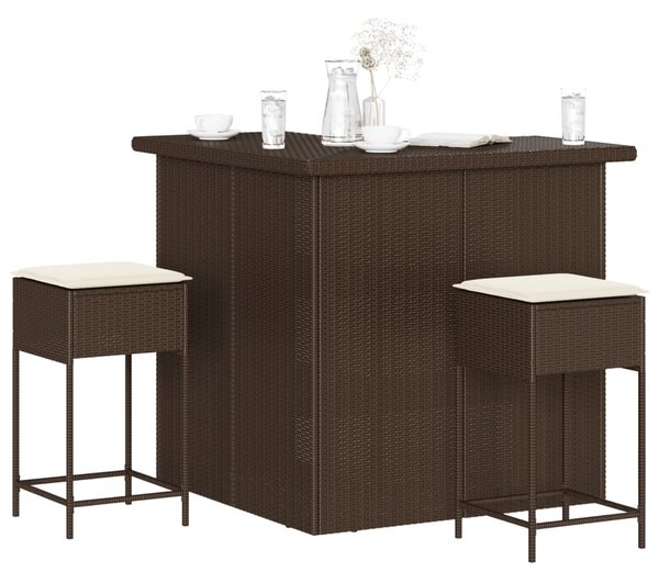 3 részes barna polyrattan kerti bárszett párnákkal