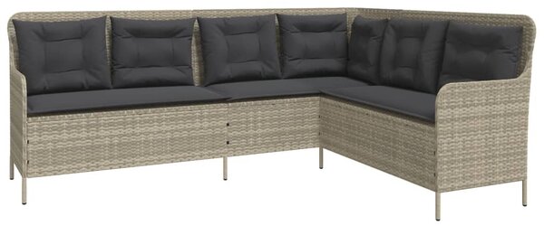Világosszürke polyrattan L-alakú kerti kanapé párnákkal