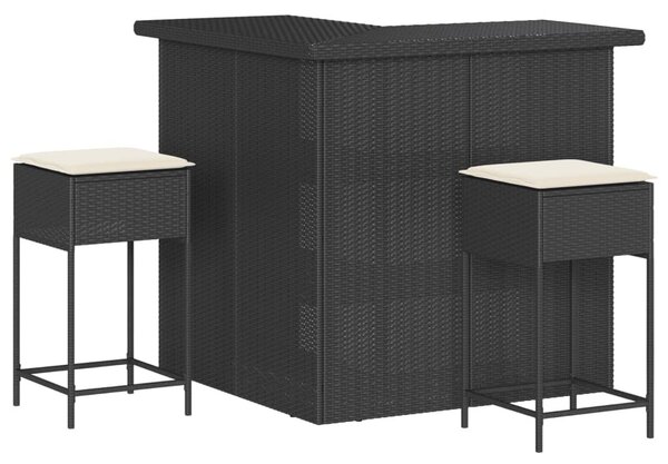 3 részes fekete polyrattan kerti bárszett párnával